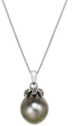 Macy's Tahitian Pearl (12mm) and Black Diamond Accent Pendant Necklace in 14k White Gold