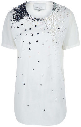 3.1 Phillip Lim White Sequin Spray Panel Cotton-Silk Panel T-Shirt