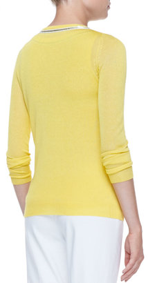 Michael Simon Button-Front Cardigan with Bead Trim, Yellow