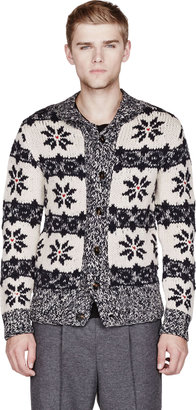 Moncler Navy & Ivory Horn-Buttoned Winter Cardigan