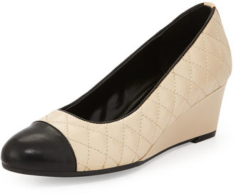 Neiman Marcus Lancer Two-Tone Quilted Cap-Toe Wedge, Pudding/Black