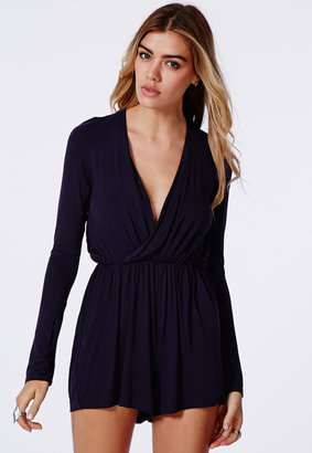 Missguided Navy Plunge Neck Playsuit