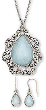 Liz Claiborne Aqua Stone & Marcasite Teardrop Pendant Necklace & Earrings Set