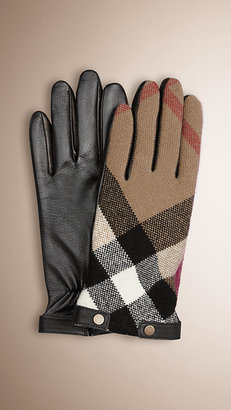 Burberry Check Wool And Leather Touch Screen Gloves