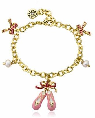 Little Miss Twin Stars 14k Gold-Plated Enamel Ballet Slippers with Bows and Pearls Charm Bracelet