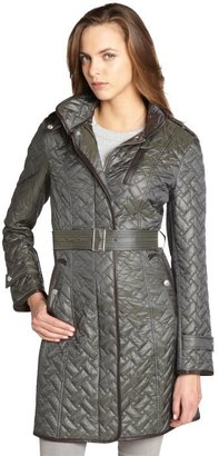 Cole Haan fatigue green quilted faux leather trim belted coat