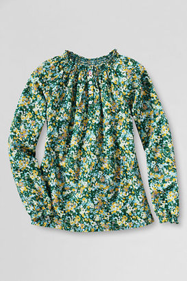 Lands' End Girls' Plus Woven Pattern Long Sleeve Smocked Top