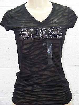 GUESS New Tshirt Burnout BLACK Sexy Sheer Rhinestone Logo Tee Original V Neck