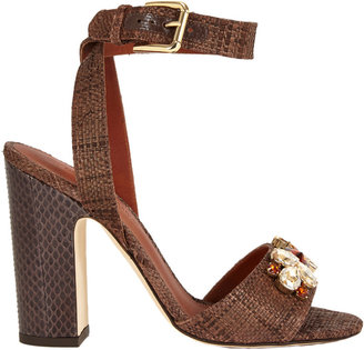 Dolce & Gabbana Jeweled Raffia Ankle-Strap Sandals
