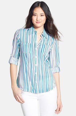Foxcroft Roll Sleeve Stripe Fitted Shirt (Regular & Petite)