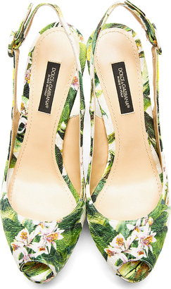Dolce & Gabbana Green Floral Print Sligback Peeptoe Heels