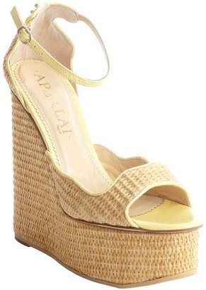 Aperlaï yellow leather and straw wedge sandals