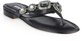 Manolo Blahnik Cesabi Jeweled Leather Thong Sandals