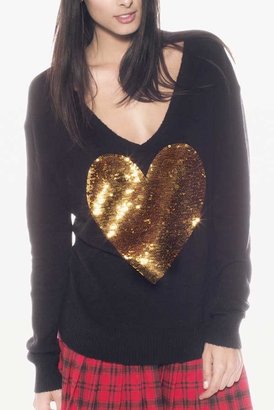 Wildfox Couture Sequin Gold Heart V-Neck Sweater in Clean Black