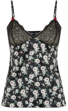 New Look Black Sateen Floral Print Lace Trim Cami