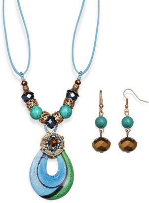 Murano MIXIT Mixit Antiqued Gold-Tone Blue Glass Pendant Necklace and Earring Set