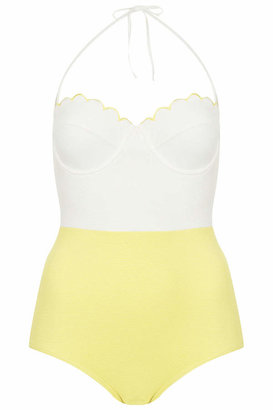 Topshop Yellow and cream swimsuit with scallop edge cups and removable halter straps. 97% polyamide, 3% elastane. machine washable.