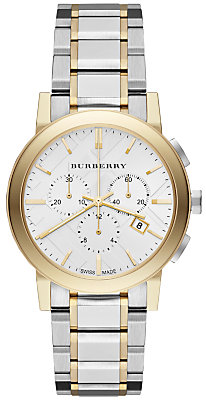 Burberry BU9751 Men's The City Two Tone Chronograph Bracelet Strap Watch, Silver  Gold