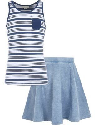 River Island Girls blue stripe vest and denim skirt set