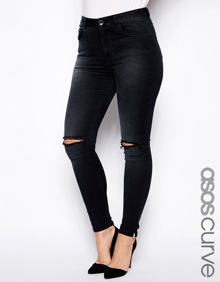 ASOS CURVE Ridley Skinny Jean In Washed Black With Ripped Knee