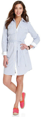 Tommy Hilfiger Long-Sleeve Belted Striped Shirtdress