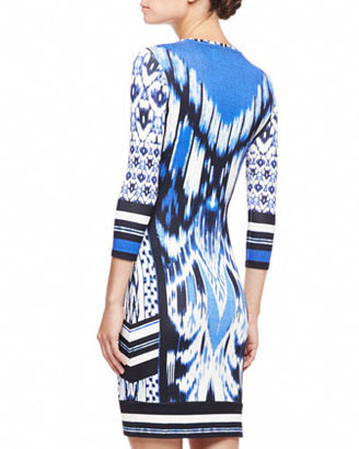 Roberto Cavalli 3/4-Sleeve Ikat-Print Jersey Dress, Blue