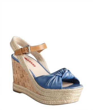 Prada Sport cobalt leather knotted cork and jute wedge sandals