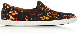 Jimmy Choo Demi lace-covered patent-leather slip-on sneakers