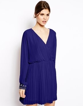 ASOS Embellished Cuff Dress with Pleated Skirt - Cobalt