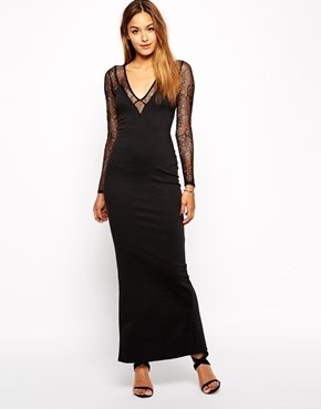 Oh My Love Plunge Maxi Dress with Lace Sleeves - Black