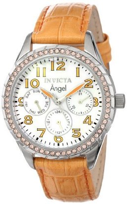 Invicta Women's 12606 Angel White Mother-Of-Pearl Dial Crystal Accented Light Orange Leather Band Watch