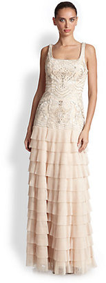 Sue Wong Embroidered Tiered-Skirt Gown