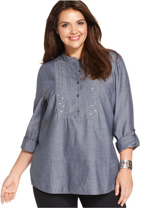 Style&Co. Plus Size Roll-Tab-Sleeve Embroidered Shirt