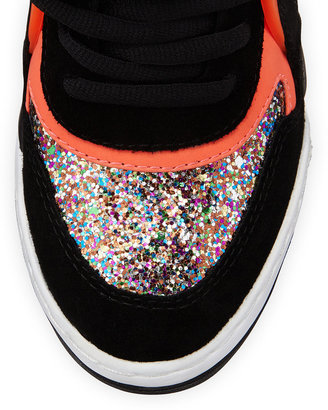 Ash Bling Star-Detailed Glitter Wedge Sneaker, Black/Starlight/Fluorescent Peach