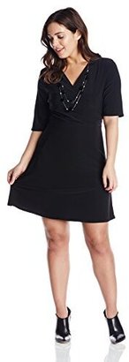 Star Vixen Women's Plus-Size Elbow Sleeve Faux-Wrap Dress with Black Necklace