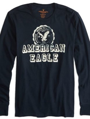 American Eagle Outfitters Navy Blue Factory Long Sleeve Graphic T-Shirt