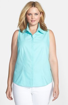 Foxcroft Shaped Pinpoint Cotton Sleeveless Shirt (Plus Size)