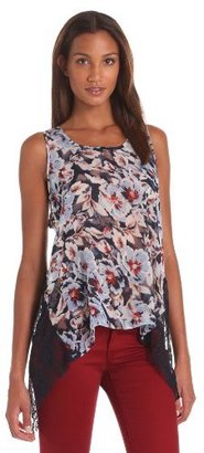 Democracy Women's Floral Print Tank with Lace Contrast Back