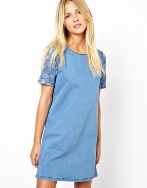 ASOS Denim Tunic Dress with Camo Print Panel - Blue camo print