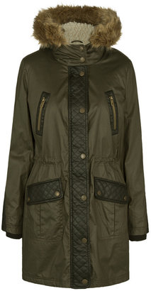 F&F Petite Leather-Look Quilted Trim Waxed Parka