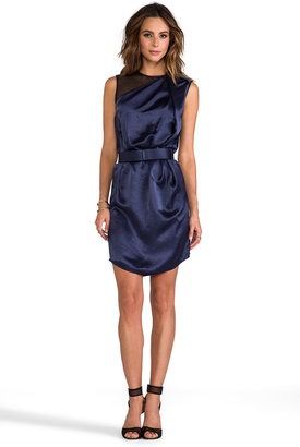 Halston Asymmetrical Neck Belted Drape Dress with Contrast Mesh
