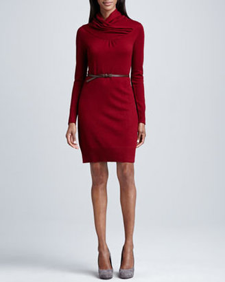 Neiman Marcus Overlap-Collar Cashmere Belted Dress