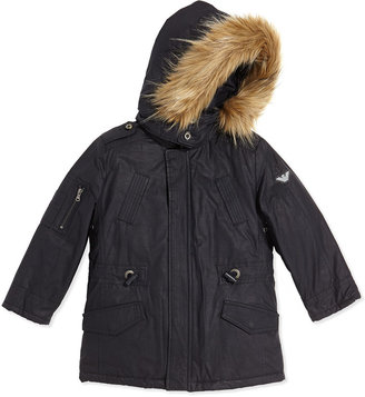 Armani Junior Faux-Fur Trimmed Waxed Jacket With Faux-Fur Vest, Navy, Sizes 2T-8