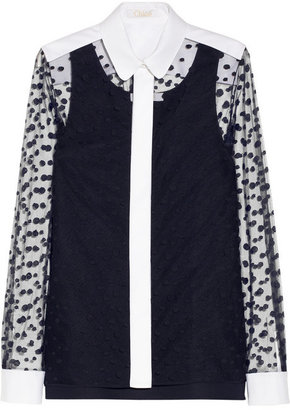 Chloé Polka-dot embroidered mesh and piqué blouse