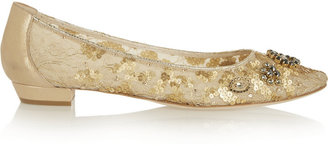 Rene Caovilla Embellished lace and metallic suede point-toe flats