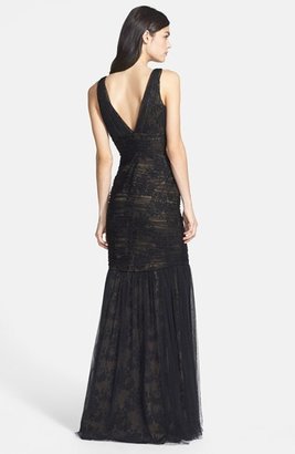 Monique Lhuillier ML Bridesmaids Shirred Tulle Overlay Lace Trumpet Dress