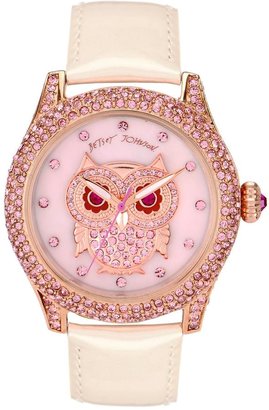 Betsey Johnson Pink Stone Encrusted Owl Stone Set Dial, White Patent Leather Strap Ladies Watch