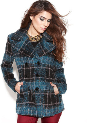 BCBGeneration Double-Breasted Plaid Pea Coat