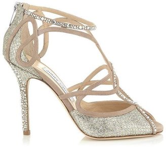 Jimmy Choo Kumi Nude and Champagne Suede and Glitter Fabric Sandals with Hotfix Crystals