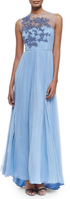Catherine Deane Leticia Sleeveless Embroidered-Bodice Gown